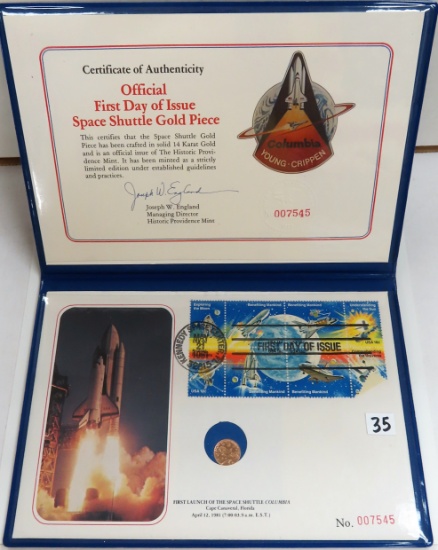 14K Gold Piece! 1st DAY ISSUE SPACE SHUTTLE COLUMBIA COMMEMORATIVE COVER & 14K GOLD COIN 1981