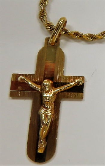 Total 7.0 dwt (10.88 grams) 14KT yellow gold cross pendant and chain. Retail Replacement Value $1380