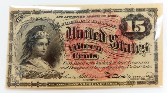 1863 U.S. Fractional Currency: Fourth Issue, Fifteen Cents, Friedberg 1267, Bust of Columbia.
