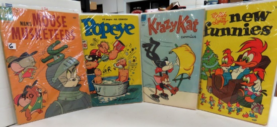 Four (4) Vintage DELL Ten Cent Comics For One Money: Mouse Musketeers, Popeye, Krazy Kat, New
