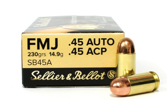 Fifty (50) Sellier & Bellot .45ACP Cartridges, SB45A, 230 Grain, made in Czech Republic.