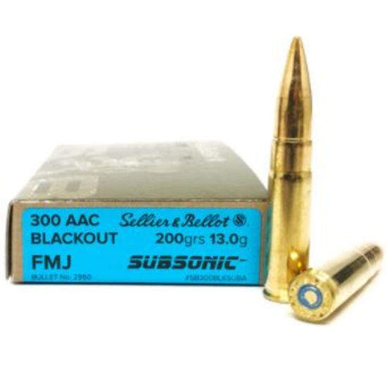 Twenty (20) Sellier & bellot 300AAC Blackout, subsonic, 200 grain, Czech Repubic. tactical ammo