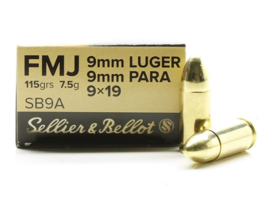 Fifty (50) Sellier & Bellot 9mm Cartridges, SB9A, 115 Grain, made in Czech Republic.