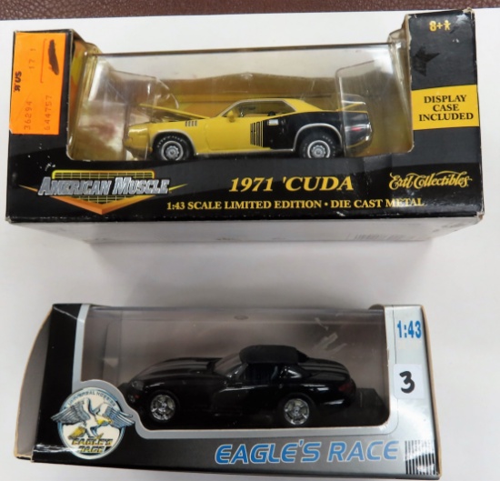 TWO (2) 1:43 Die Cast Cars In Box Incl. 1971 Cuda and Dodge Viper RT/10, Ertl and Eagle's Race, 2000