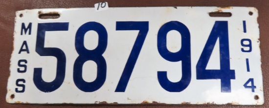 1914 Porcelain Massachusetts License Plate, 14"x5.5", Beaver Falls, PA