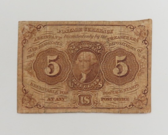 Friedberg #1230: 5 CENTS Postage Currency, FIRST ISSUE FRACTIONAL CURRENCY NOTE, WITH MONOGRAM 1862-