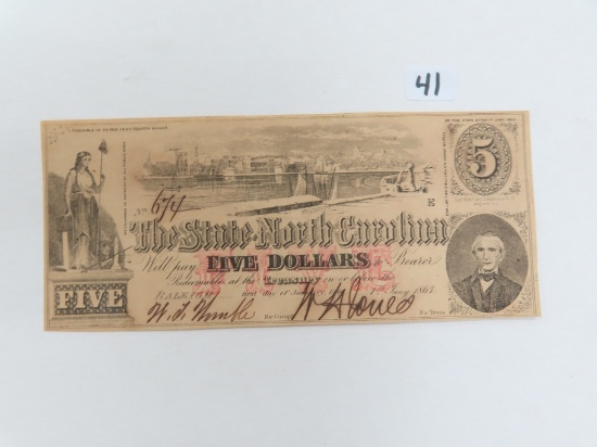 1863 $5 State of North Carolina Note, very nice JC INV # 757