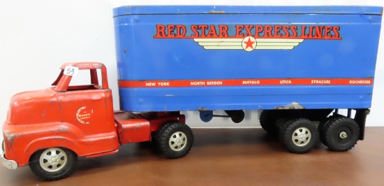 23" 1954-55 VINTAGE DUNWELL BUCKEYE RED STAR EXPRESS LINES TRUCK & TRAILER TOY,