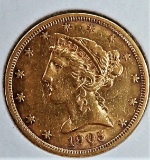 GOLD 1905 Liberty Head $5 Half Eagle, $422.77 Melt Value on 9-24-21, .24187 oz pure gold.