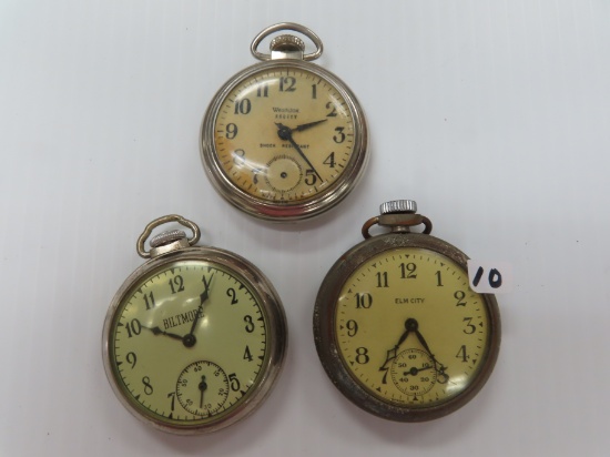 Three (3) Estate Find Pocket Watches, Untested, incl. Elm City, Biltmore and Westclox.