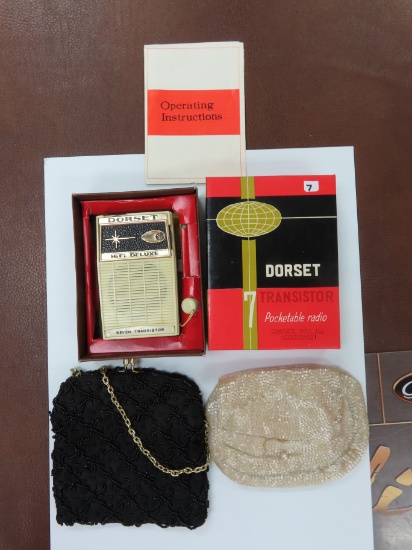 Vintage Dorest 7 transistor pocketable radio. untested, with box and papers. also 2 purses