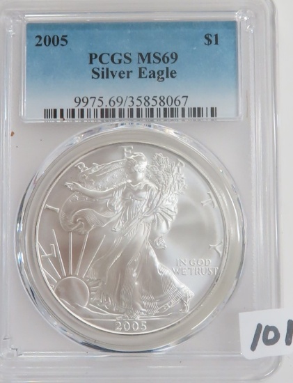 2005 Silver Eagle, PCGS Graded MS69. One Ounce Fine Silver