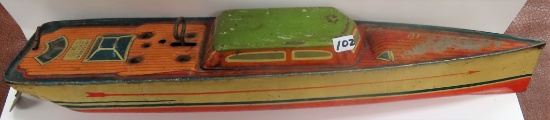 14.375" Antique Lindstrom (made in USA) Toy Boat, wind up mechanism does not work. Super Estate Find
