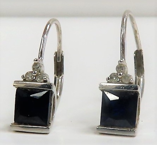 10K White Gold Earrings with dark blue stone. metal content tested in house for purity and authentic