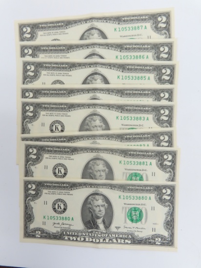 Eight (8) Consecutive Serial #d 2017 $2 Notes. #80-87, all one money.