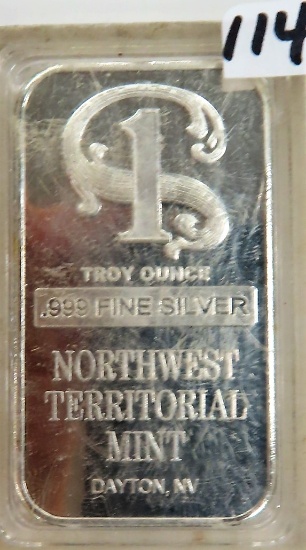 One Troy Ounce .999 Fine Silver, Vintage Northwest Territorial Mint Bar, Encased. Dayton, NV.