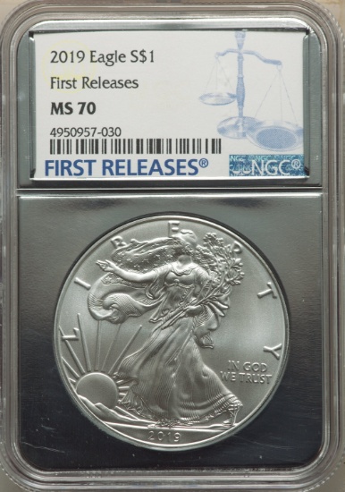 2019 $1 Silver Eagle, First Releases, MS70 NGC Graded. One Ounce Fine Silver.