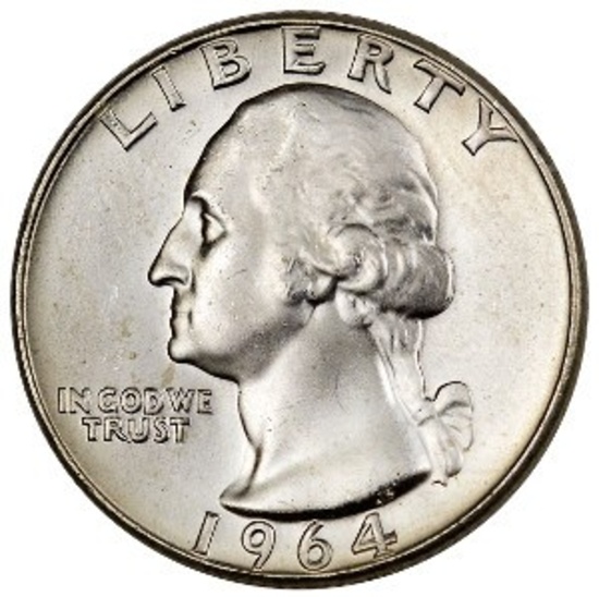 1964 Silver Washington Quarter, ASW = .18084 oz. Stock Photo.