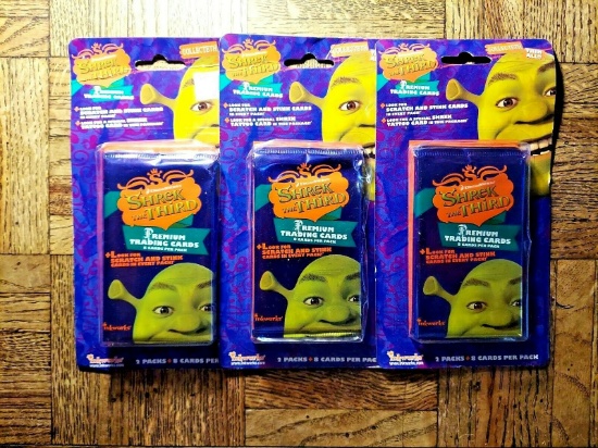 Three (3) Hanger Packs: 2007 SHREK THE THIRD 2 PACK TRADING CARDS, 8 cards/pack. 48 Cards Total