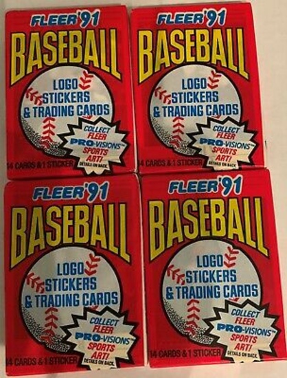 Four (4) 1991 Fleer Baseball Unopened Packs, All One Money