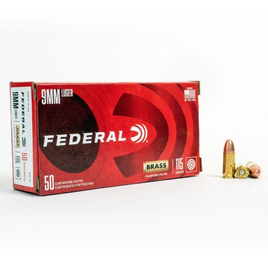 Fifty (50) Rounds: FEDERAL 9MM LUGER 115GR FMJ, Brass. WM5199