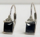 10K White Gold Earrings with dark blue stone. metal content tested in house for purity and authentic