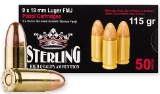 Fifty (50) Sterling 9mm 115 Grain Cartridges. BRASS