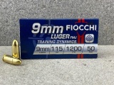 Fifty (50) Fiocchi 9mm 115 grain Brass Cartridges, Made in Italy.
