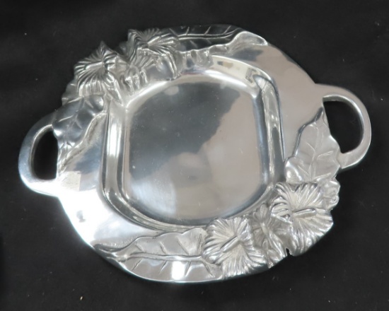 8"X9.5" Pewter serving tray with handles handmade, most likely Mexico.