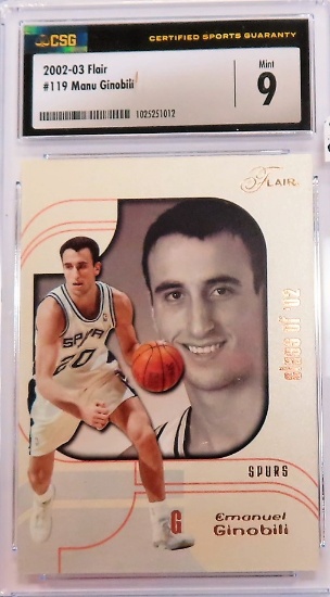 #374/1750 2002-03 Flair#119 Manu Ginobili Rookie Card, CSG Graded 9