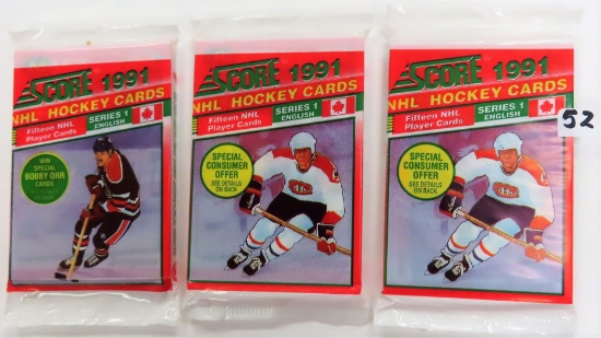 Three (3) 1991 SCORE Hockey Series 1 Unopened Packs, English.