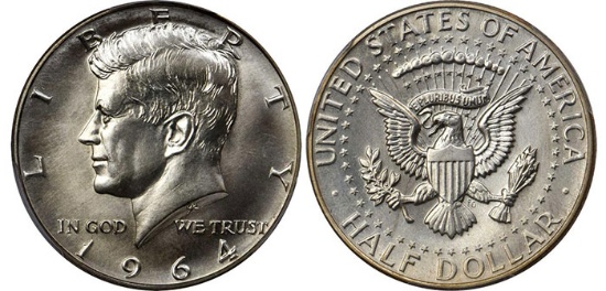 ONE (1) 90% Silver 1964 Kennedy Half Dollar