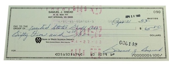 ONE (1) Sam Snead Hand Signed Cancelled Check.  Golf HOF