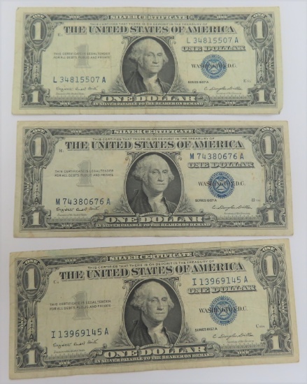 Three (3) 1957 $1 Silver Certificates, All One Money
