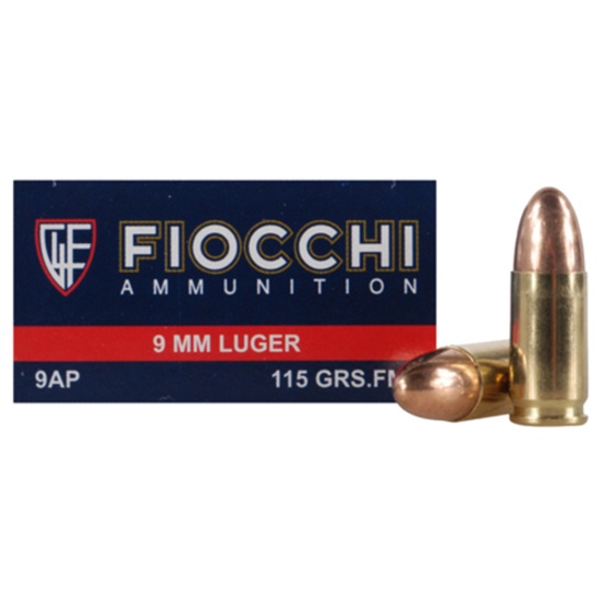 50 Rounds Fiocchi 9mm 115gr FMJ Ammunition - 9AP, Brass. Muzzle Velocity: 1200 fps
