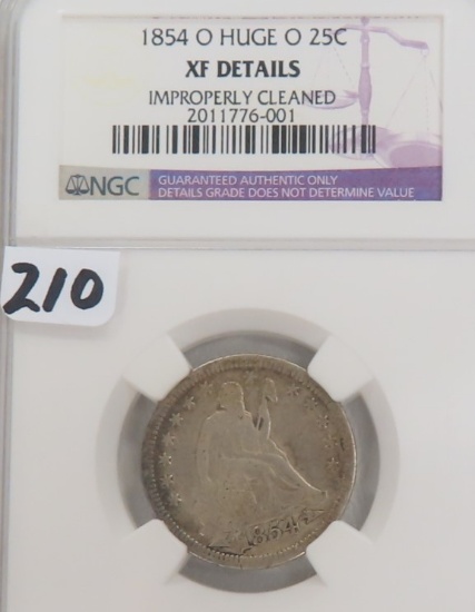 RARE VARIETY: 1854 O ARROWS AT DATE HUGE O Quarter. NGC Certified, Details: XF Improperly Cleaned