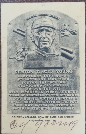 Cy Young Signed HOF Plaque Postcard with James Spence LOA # BB98859 obtained by HAC on 6-10-21,