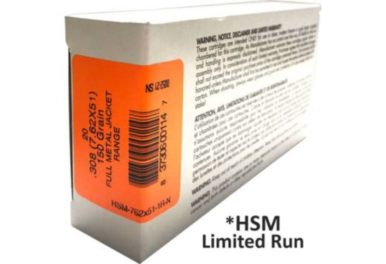 Five Hundred (500) Rounds: HSM AMMO .308 WIN. 150GR. FMJ. $39 SHIPPING To LOWER 48 States ONLY.