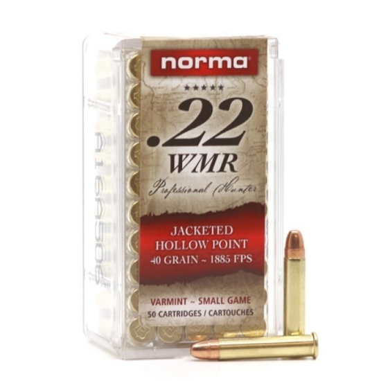 One Hundred (100): Norma 22 WMR (22 WINCHESTER MAGNUM RIMFIRE) 40 GR. Jacketed Hollow Point, BRASS