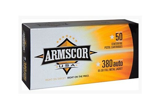 Five Hundred (500) Cartridges: ARMSCOR 380ACP 95GR FMJ , Made in USA.  FAC380-2N