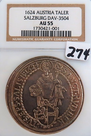 SILVER 1624 AUSTRIA SALZBURG DAV-3504 TALER, NGC Graded AU55
