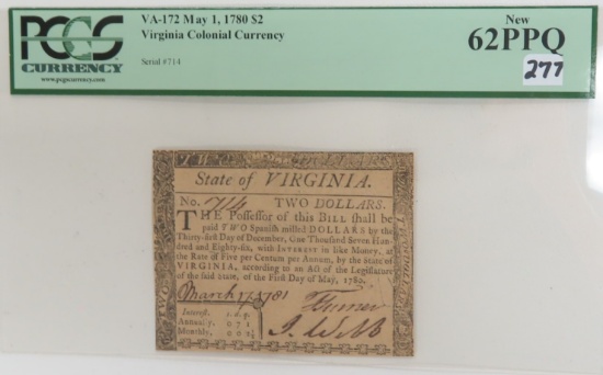 May 1, 1780 $2 Virginia Colonial Currency. VA-172. PCGS Graded 62PPQ NEW