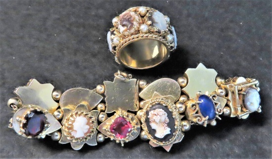 14K GOLD Vintage Multi Stone Ring and Bracelet Set, Total Weight of Both 1.6 Troy Ounces, 49.6 Grams