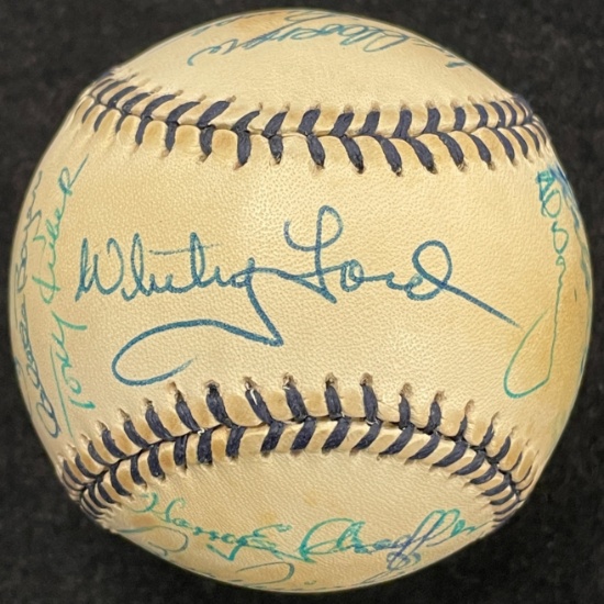 New York Yankees Legends Signed by Twenty Baseball (OAL, Mickey Mantle #7 Logo, Black Stitching)