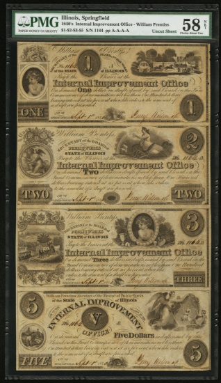 1840's Springfield, Illinois Internal Improvement Office, Uncut Sheet. PMG Graded 58 CH-AU