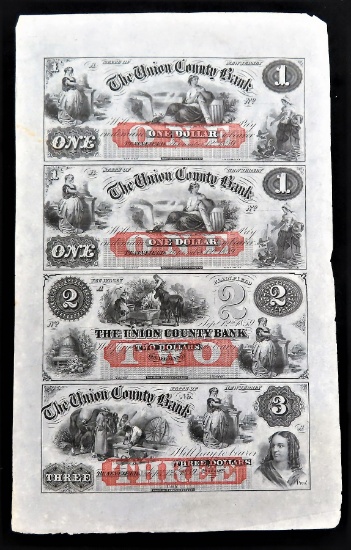 1859 Plainfield, NJ Union County Bank 1-1-2-3 Dollars Uncut Sheet Extremely Rare.