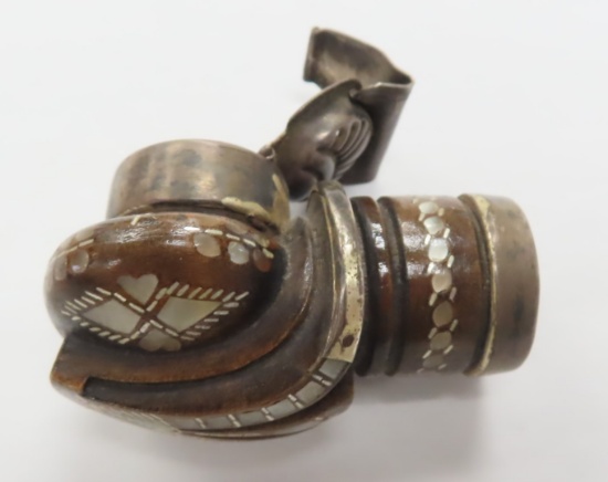 Sterling Silver and Wooden Pipe with Mother of Pearl Inlaid, 2.5"L, OLD, Origin Unknown Estate Find