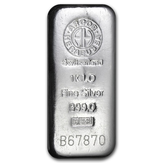 Heraeus 1 Kilo Silver Bar, .999 Fine, 32.15 Troy Ounces.