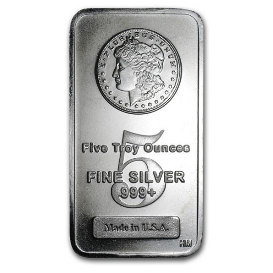 5 oz. Silver Morgan Design Bar, 5 Troy oz of .999 fine silver.