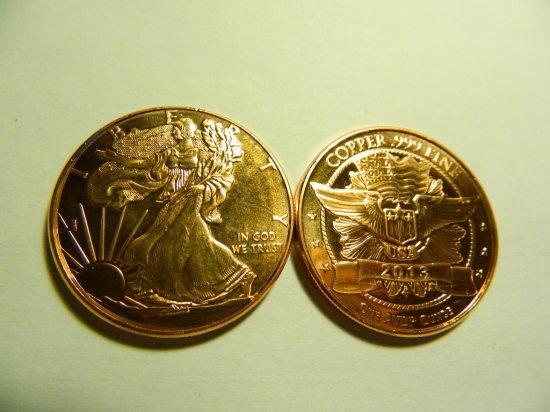 TWO (2) ONE OUNCE .999 Fine Copper Bullion Walking Liberty Round